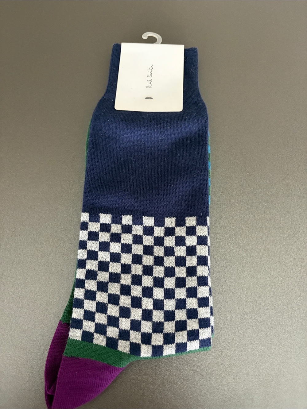 Paul Smith Navy, White, Purple & Green Checkerboard Cotton-Blend Socks
